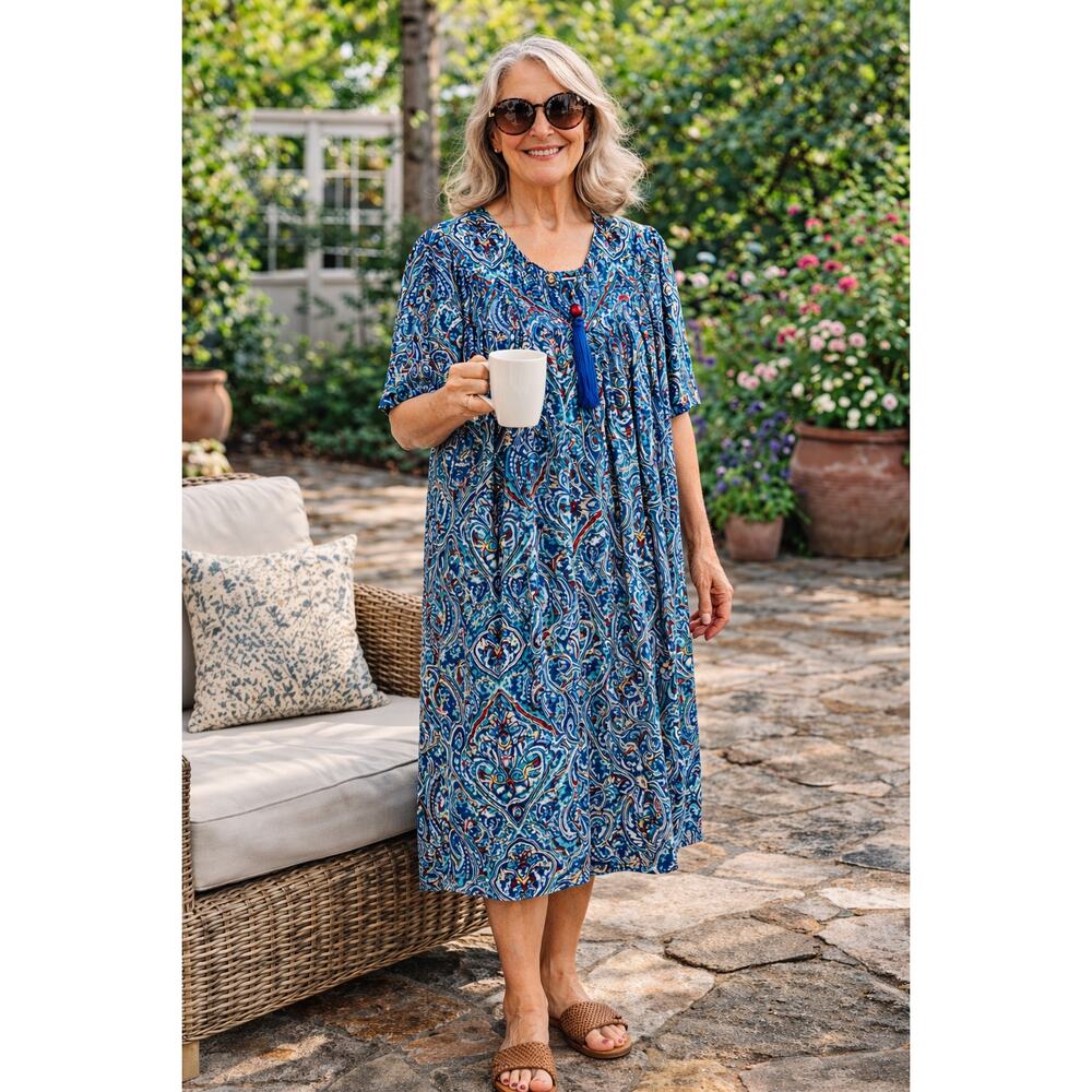 Go Softly Paisley Patio Midi Dress Blue Crinkle Kaftan Full Zip Comfort Medium